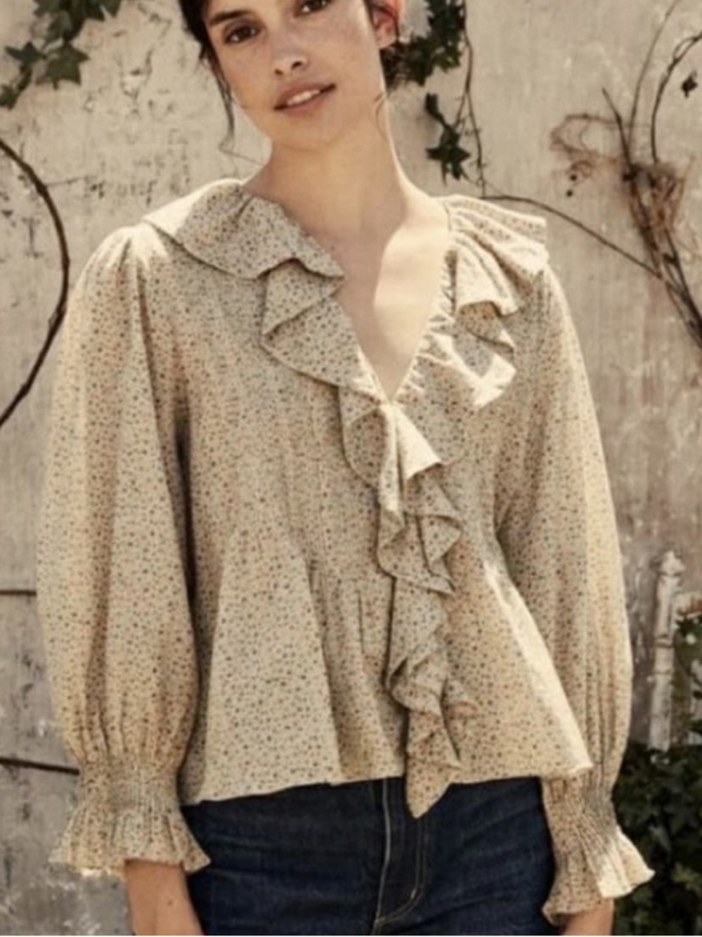 DÔEN Hardy Ruffle Button Pintuck Blouse in Mustard California Wildflower - XL